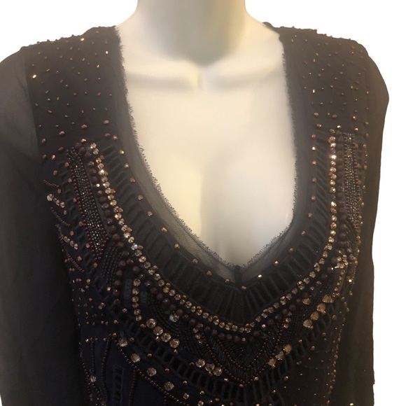 French Connection Beaded Shift Dress Sheer Back Navy Blue Size 8 Party E… - Picture 6 of 11